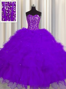 Cheap Visible Boning Purple Sweetheart Lace Up Beading and Ruffles and Sequins Sweet 16 Dresses Sleeveless