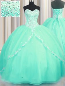 Decent Turquoise Ball Gowns Sweetheart Sleeveless Organza With Brush Train Lace Up Beading and Appliques Ball Gown Prom 