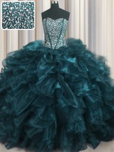 Modern Visible Boning Bling-bling Brush Train Teal Sleeveless With Train Beading and Ruffles Lace Up Quinceanera Dress