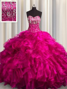 Adorable Fuchsia Organza Lace Up Quince Ball Gowns Sleeveless Brush Train Beading and Ruffles