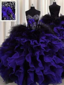 Organza and Tulle Sweetheart Sleeveless Lace Up Beading and Ruffles Quince Ball Gowns in Black And Purple