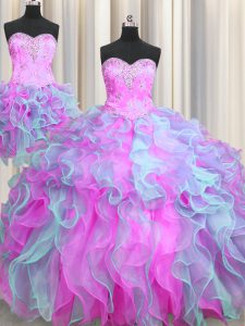 Three Piece Multi-color Ball Gowns Sweetheart Sleeveless Organza Lace Up Beading and Ruffles Quinceanera Dresses