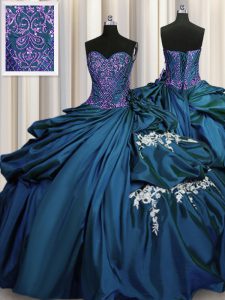Amazing Teal Ball Gowns Taffeta Sweetheart Sleeveless Beading and Appliques Floor Length Lace Up Sweet 16 Quinceanera Dr