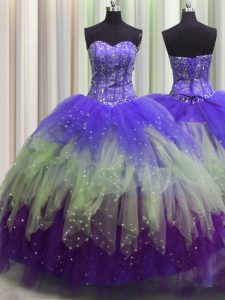 Visible Boning Sleeveless Beading and Ruffles and Sequins Lace Up Sweet 16 Dresses