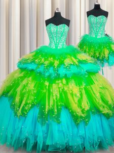 Colorful Three Piece Visible Boning Floor Length Lace Up Quinceanera Gown Multi-color for Military Ball and Sweet 16 and