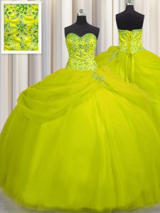Really Puffy Yellow Green Tulle Lace Up Quinceanera Dresses Sleeveless Floor Length Beading