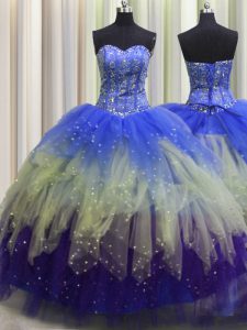 Latest Visible Boning Sleeveless Floor Length Beading and Ruffles and Sequins Lace Up Quinceanera Gowns with Multi-color