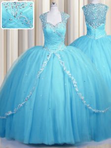 See Through Baby Blue Zipper Sweetheart Beading and Appliques Quinceanera Gown Tulle Cap Sleeves Brush Train
