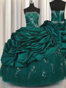 Popular Peacock Green Taffeta Lace Up Quinceanera Gowns Sleeveless Floor Length Beading and Appliques and Embroidery and