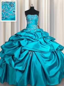On Sale Teal Ball Gowns Appliques and Pick Ups Vestidos de Quinceanera Lace Up Taffeta Sleeveless Floor Length
