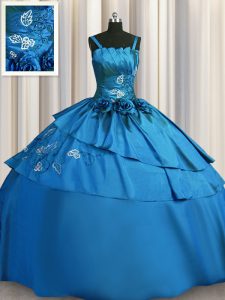 On Sale Floor Length Lace Up Quince Ball Gowns Teal for Military Ball and Sweet 16 and Quinceanera with Beading and Embr