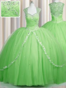 See Through With Train 15 Quinceanera Dress Tulle Brush Train Cap Sleeves Beading and Appliques