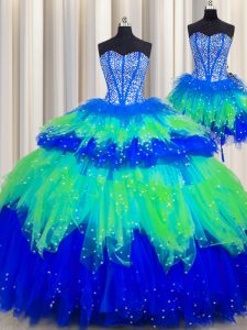 Customized Three Piece Visible Boning Sleeveless Beading and Ruffles and Ruffled Layers and Sequins Lace Up Quinceanera 