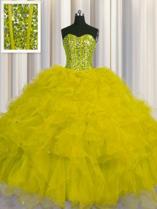 Visible Boning Sleeveless Beading and Ruffles and Sequins Lace Up Quinceanera Dress