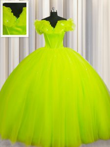 Tulle Off The Shoulder Short Sleeves Court Train Lace Up Ruching Quinceanera Gowns in Yellow Green
