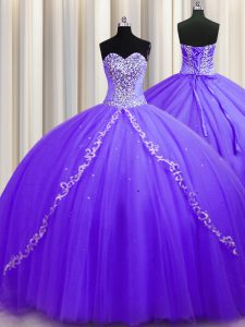 Trendy Lavender Ball Gowns Sweetheart Sleeveless Tulle Sweep Train Lace Up Beading Sweet 16 Quinceanera Dress