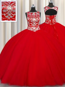 Scoop Sleeveless Lace Up Quinceanera Gowns Red Tulle