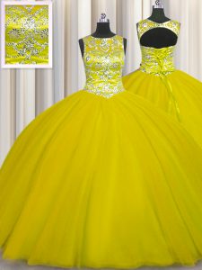 Romantic Gold Sweet 16 Dresses Military Ball and Sweet 16 and Quinceanera and For with Beading Scoop Sleeveless Lace Up