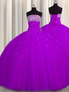 Best Selling Really Puffy Purple Strapless Neckline Beading and Sequins Ball Gown Prom Dress Sleeveless Lace Up