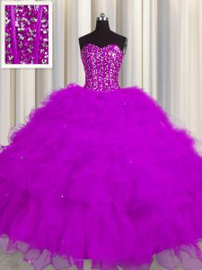 Visible Boning Ball Gowns Sweet 16 Dress Fuchsia Sweetheart Tulle Sleeveless Floor Length Lace Up