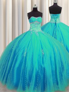 Noble Big Puffy Sleeveless Tulle Floor Length Lace Up Sweet 16 Dress in Aqua Blue with Beading and Appliques