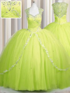 Custom Made Zipper Up Yellow Green Ball Gown Prom Dress Military Ball and Sweet 16 and Quinceanera and For with Beading 