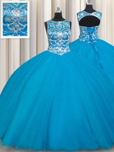 Teal Sweet 16 Dress Military Ball and Sweet 16 and Quinceanera and For with Beading Scoop Sleeveless Lace Up