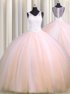 High End See Through Back Zipple Up Sleeveless Tulle Brush Train Zipper Quinceanera Dresses in Baby Pink and Peach with 