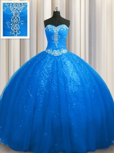 Artistic Blue Ball Gowns Sweetheart Sleeveless Tulle and Sequined With Train Court Train Lace Up Beading and Appliques S