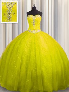 Tulle and Sequined Sleeveless Sweet 16 Dress Court Train and Beading and Appliques