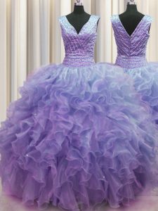 V Neck Zipper Up Lavender Sleeveless Ruffles Floor Length Quinceanera Dresses