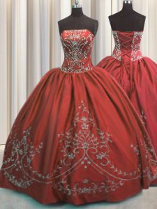 Taffeta Strapless Sleeveless Lace Up Beading and Embroidery Quinceanera Dresses in Wine Red