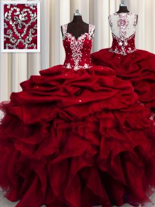 See Through Sleeveless Organza Floor Length Zipper 15th Birthday Dress in Wine Red with Beading and Ruffles and Sequins