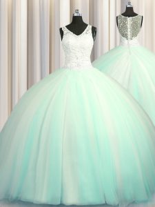 Big Puffy Zipper Up Tulle Sleeveless With Train Sweet 16 Dress Brush Train and Beading and Appliques