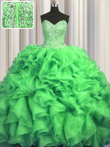Fabulous Visible Boning Bling-bling Sweetheart Sleeveless Organza Quinceanera Gowns Beading and Ruffles Sweep Train Lace
