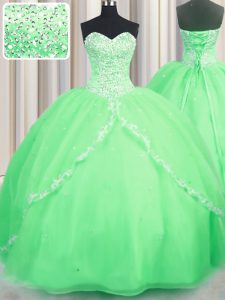 Ball Gowns Sweetheart Sleeveless Organza With Brush Train Lace Up Beading and Appliques Vestidos de Quinceanera