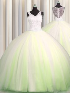 Decent Zipple Up Big Puffy Tulle Sleeveless Vestidos de Quinceanera Brush Train and Beading and Appliques