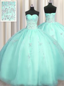 Amazing Really Puffy Turquoise Organza Zipper Vestidos de Quinceanera Sleeveless Floor Length Beading and Appliques