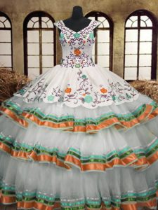 Gorgeous Embroidery Ruffled Layers Floor Length Multi-color Quinceanera Gown V-neck Sleeveless Lace Up