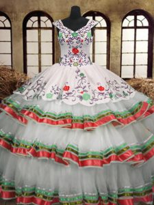 Low Price Organza Sleeveless Floor Length Quinceanera Dresses and Embroidery and Ruffled Layers