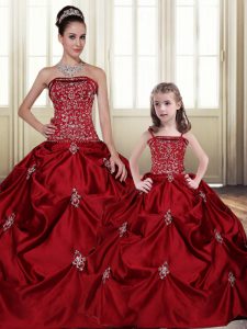 Embroidery Pick Ups Ball Gowns 15th Birthday Dress Wine Red Strapless Taffeta Sleeveless Floor Length Lace Up