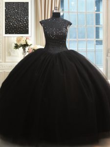 Extravagant High-neck Cap Sleeves Tulle Quince Ball Gowns Beading Zipper