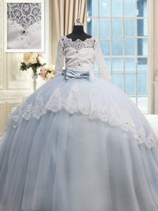 Latest Scalloped Light Blue Half Sleeves Brush Train Beading and Lace and Bowknot Vestidos de Quinceanera