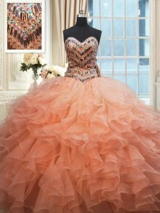 High Quality Beaded Bodice Watermelon Red and Peach Ball Gowns Beading and Ruffles Quinceanera Dress Lace Up Organza Sle