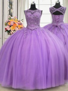 Custom Fit See Through Beading and Appliques Quinceanera Gown Lavender Lace Up Sleeveless Floor Length