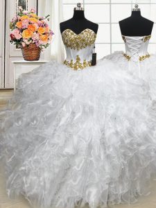 White Ball Gowns Beading and Ruffles Sweet 16 Quinceanera Dress Lace Up Organza Sleeveless Floor Length