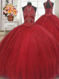 Superior Red Halter Top Lace Up Beading and Appliques Sweet 16 Dress Court Train Sleeveless