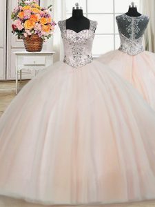 See Through Back Zipper Up Peach Ball Gowns Tulle Straps Cap Sleeves Beading Floor Length Zipper Quinceanera Dress