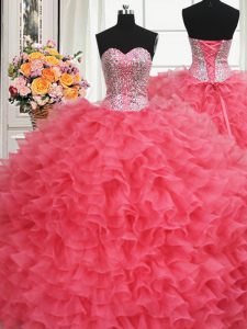 Fashion Beaded Bodice Coral Red Organza Lace Up Sweetheart Sleeveless Floor Length 15th Birthday Dress Beading and Ruffl