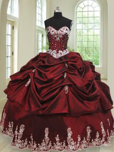 Custom Design Wine Red Lace Up Sweet 16 Dress Beading and Appliques and Pick Ups Sleeveless Floor Length